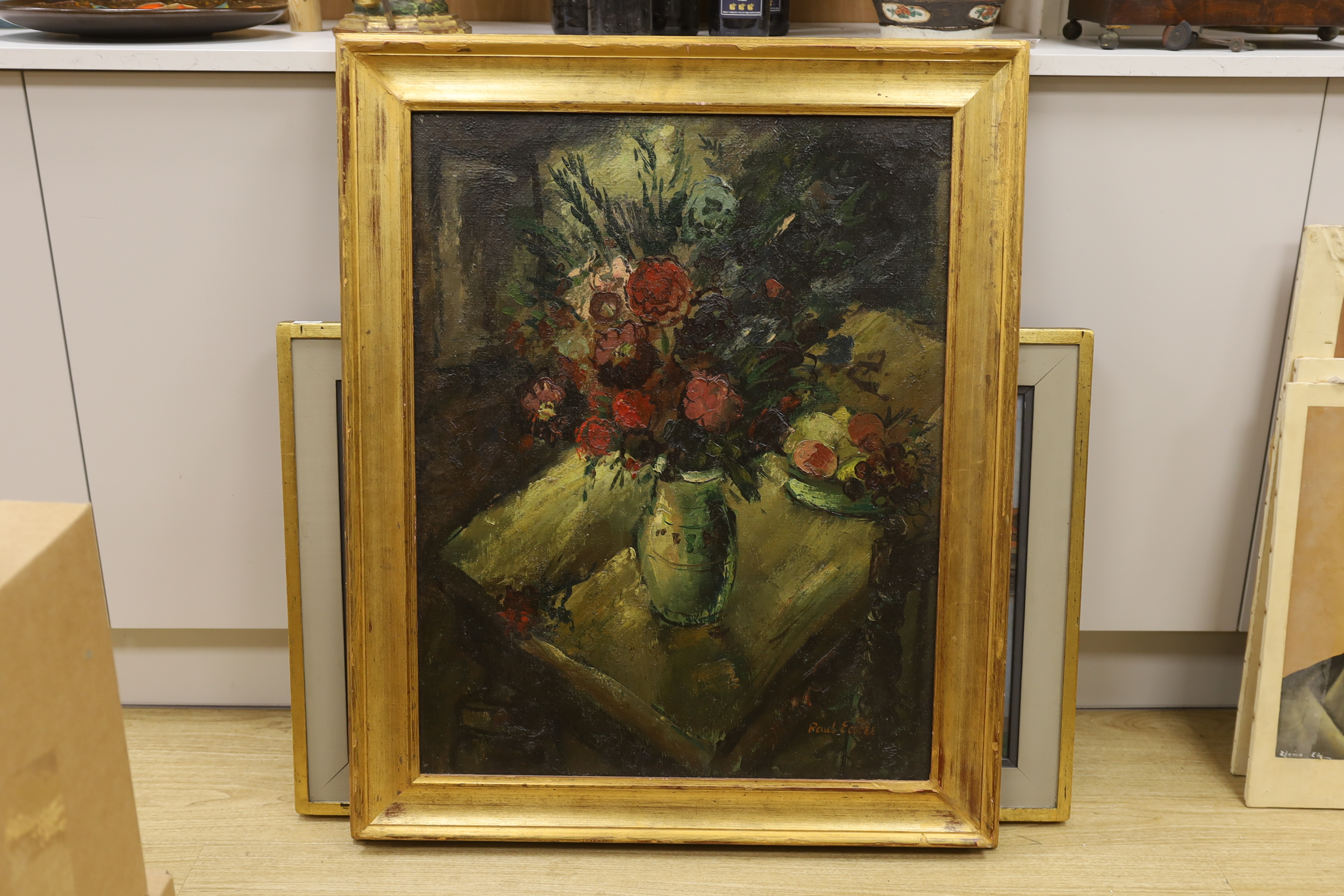 Paul Earee (1888-1968), In the manner of Ruskin Spear, oil on canvas, Still life of flowers and fruit, signed, details verso, 76 x 60cm